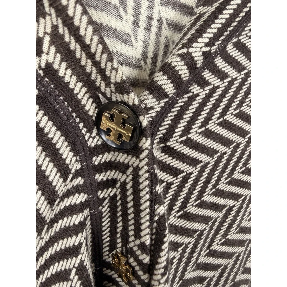 Tory Burch Chevron Knit Cardigan Sweater Brown Ivory Zip Logo Size Small